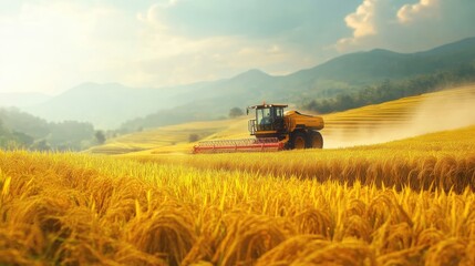 Fototapeta premium Golden Rice Fields with Agricultural Machinery Under a Blue Sky and Soft Clouds at Sunset, Showcasing Rural Farming and Harvesting Techniques in Perfect Harmony