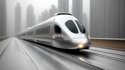 Fototapeta premium The metal behemoth gracefully slices through the air, its streamlined form a blur of power and purpose as it hurtles along the gleaming tracks with unparalleled speed and precision.