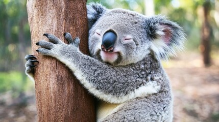 Obraz premium Adorable koala bear peacefully hugging a tree trunk in a sunny Australian forest, embodying the essence of wildlife serenity and natural beauty in its habitat