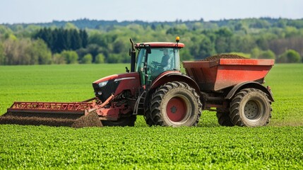 Obraz premium Vibrant Green Fields with Tractor Harvesting Soil Rich Organic Matter Under Clear Blue Skies in Expansive Agricultural Landscape