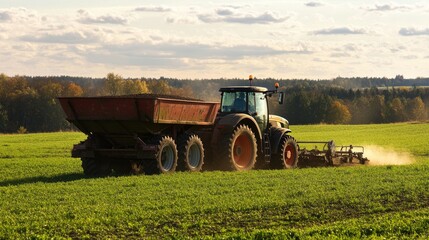 Obraz premium Tractor Working on a Vibrant Green Field During Late Afternoon with Beautiful Clouds in the Sky and Sunlight Cascading Over the Landscape