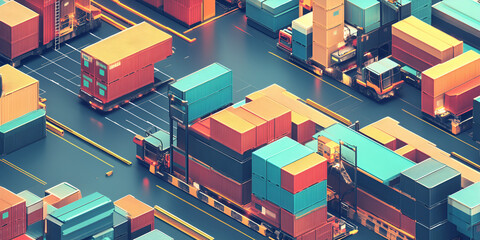 Global Trade in Motion: A vibrant and dynamic isometric illustration depicting a bustling shipping port, showcasing the intricate network of container trucks, cranes, and cargo ships.