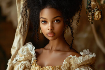 Portrait of a woman with curly hair wearing a lavish lace gown, exuding elegance and sophistication in a vintage setting, creating a timeless artistic image.