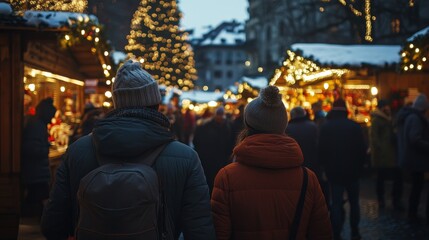 Obraz premium People back view on traditional christmas market background composition