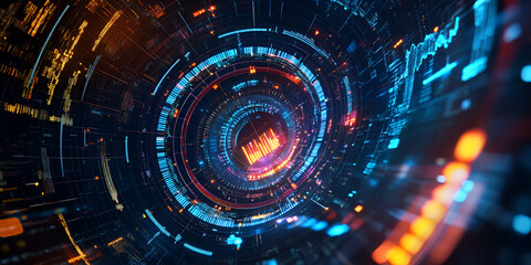 Fototapeta premium Digital Vortex: A mesmerizing abstract background of swirling neon lights and digital patterns, creating a futuristic and dynamic visual experience. 