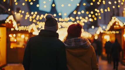 Fototapeta premium People back view on traditional christmas market background composition