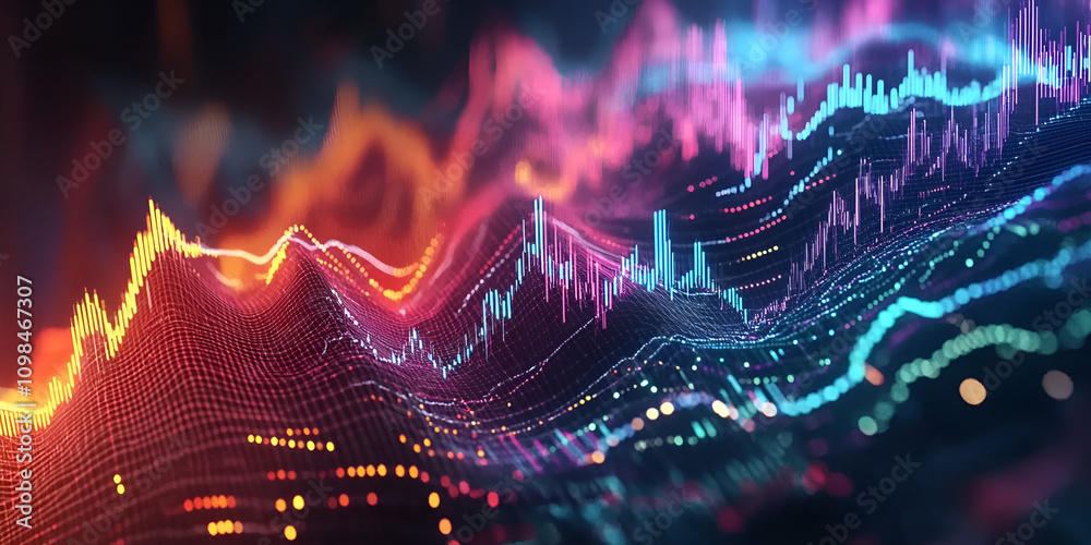 Poster abstract data visualization: vibrant, dynamic data streams flow like a futuristic landscape, forming