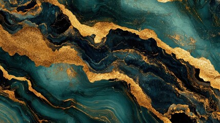 Naklejka premium Abstract marble texture with green and gold patterns, ideal for backgrounds.
