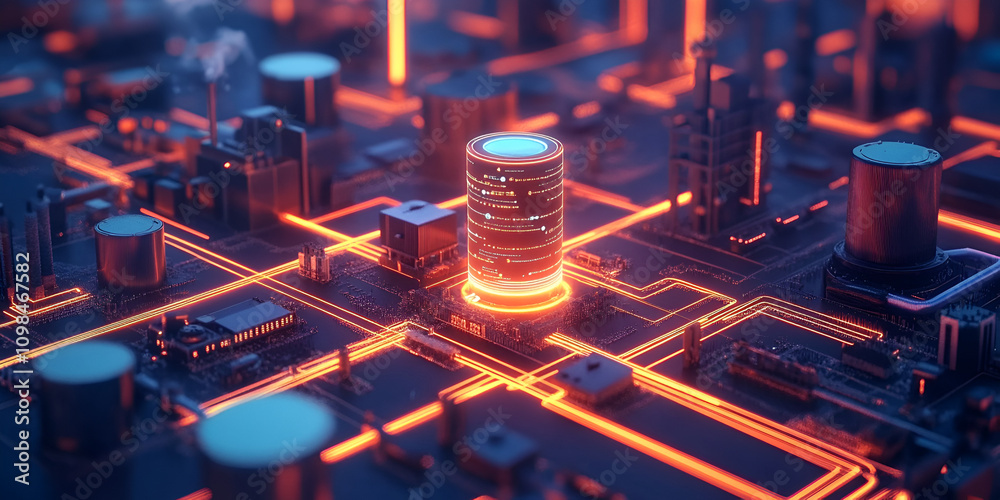 Poster data center powerhouse: a futuristic rendering of a data center with glowing circuits and servers, s