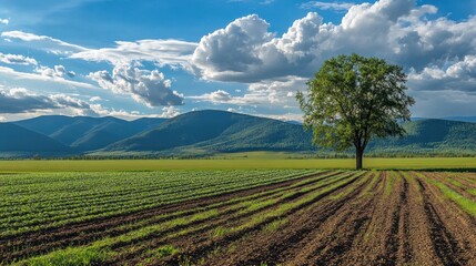 Naklejka premium Lone tree in a farmland with mountains under a bright sky.