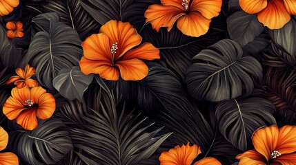 Fototapeta premium Vibrant orange hibiscus flowers among lush green leaves.