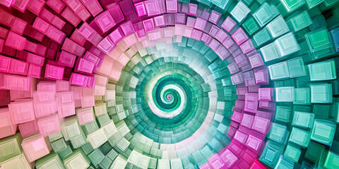 Fototapeta premium Abstract Psychedelic Spiral: A mesmerizing, kaleidoscopic spiral composed of vibrant, 3D cubes in a spectrum of pink, green, and blue hues. The swirling pattern creates a hypnotic effect.