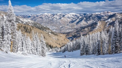 Fototapeta premium A serene mountain valley blanketed in snow, with a single skier leaving trails in the powder.