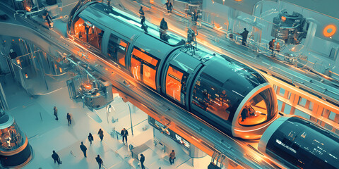 Naklejka premium Futuristic Cityscape: A sleek, high-speed train glides through a vibrant, futuristic cityscape. The train is a testament to technological advancement and innovation.