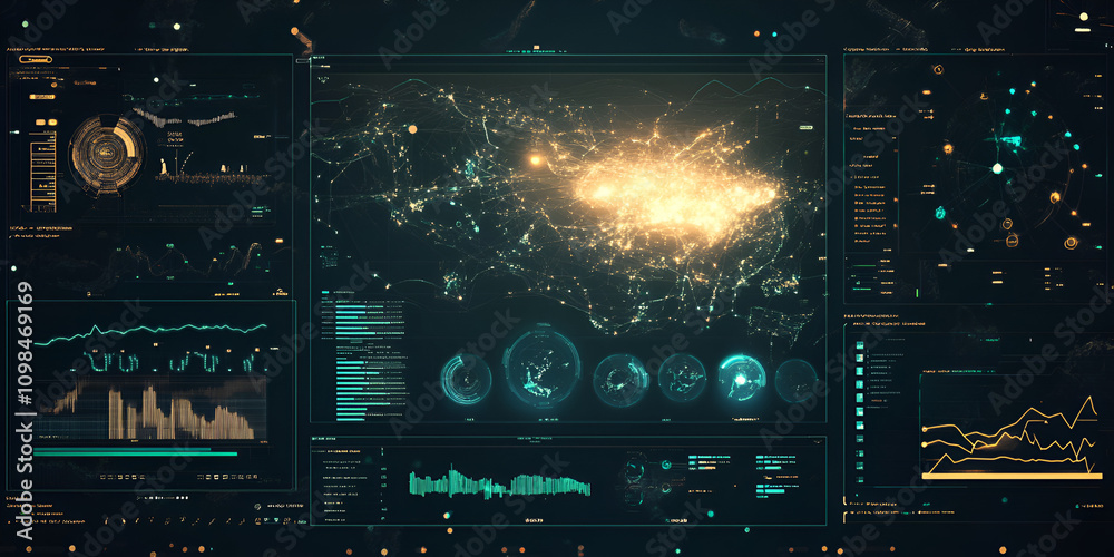 Poster digital interface: a futuristic interface with a glowing, data-driven visualization, showcasing comp
