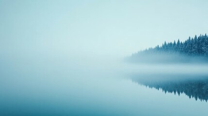 Fototapeta premium A serene winter lake reflecting the snowy forest and clear sky, with mist rising from the water.