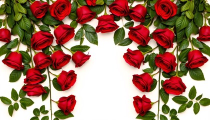 Romantic red roses border on white background