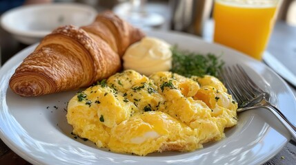 Delicious Breakfast Platter Featuring Fluffy Scrambled Eggs, Fresh Croissant, Creamy Butter, Herb Garnish, and Refreshing Orange Juice in Bright Cafe Setting