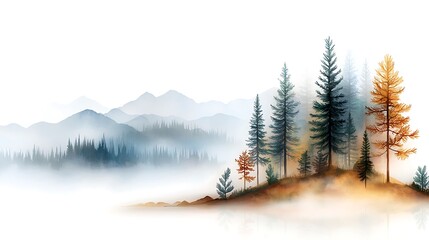 Fototapeta premium This watercolor seamless surface pattern tile features a modern and delicate misty, foggy eco line of pine spruce fir forest design on a white isolated background, perfect for textiles, wallpaper