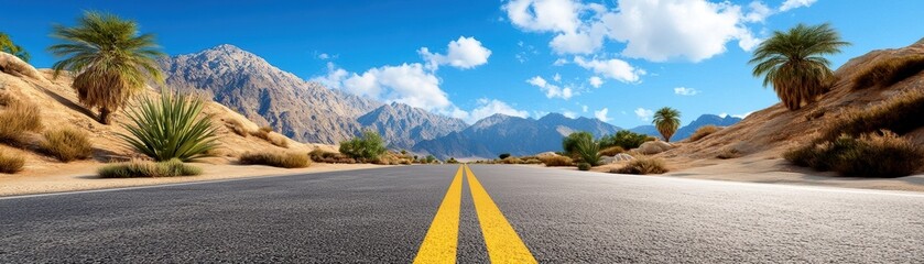 Open road through desert landscape with mountains and blue sky.