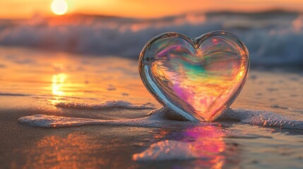 Fototapeta premium Glass heart shimmering with rainbow hues, resting on a sandy beach as waves gently wash over it, reflecting a tranquil sunset sky