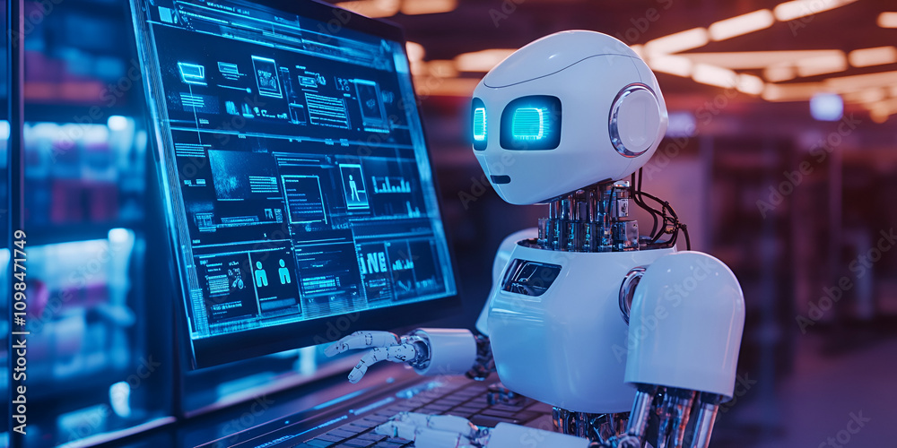 Poster the future of computing: a futuristic robot with glowing blue eyes intently focuses on a computer sc