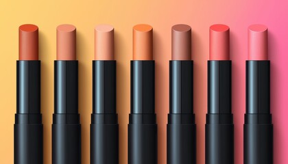 Obraz premium A vibrant display of lipsticks in various shades, arranged neatly against a gradient background, showcasing a range of colors from nude to pink.