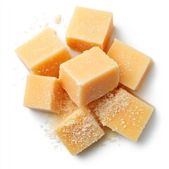 Macro Shot of Delicious Parmesan Cheese Flakes on White Background