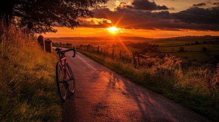 Obraz premium Road bike parked on a beautiful road sunset