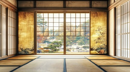 Obraz premium Traditional Japanese Room with Tatami Mat Flooring and Garden View