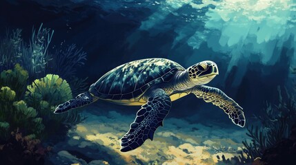 Underwater Scene Featuring a Majestic Sea Turtle Swimming Gracefully Amongst Vibrant Coral Reef in the Sunlit Depths of the Ocean