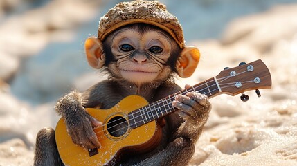 Cute little monkey playing a ukulele on the beach, with a snowy background,