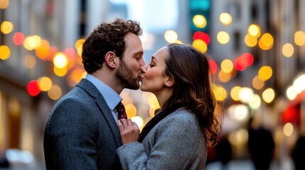 Fototapeta premium Couple kissing in a romantic urban setting, illuminated by bokeh lights, displaying love and intimacy.