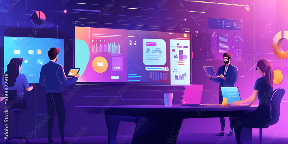 Poster data-driven decisions: a team of professionals gather around a large screen, analyzing data and char