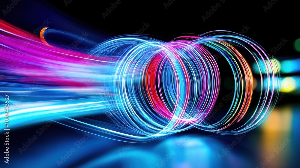 Wall mural colorful light trails creating dynamic circular patterns on a dark background.