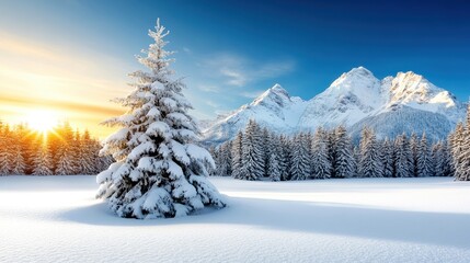 Fototapeta premium Winter landscape with a snow-covered tree and mountains, golden sunrise in the background.