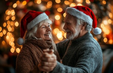 Happy senior couple dancing joyfully at home in festive Christmas Santa hats