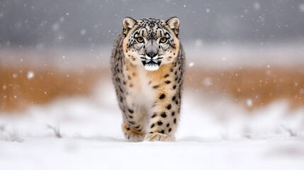Fototapeta premium Snow Leopard in Its Natural Habitat – Majestic Big Cat in Rugged, Snow-Covered Mountains