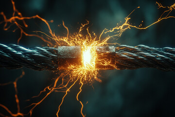 Close up of two electrical wires sparkling to connection with dark background generated.AI