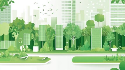 Naklejka premium A conceptual illustration of a green urban plaza with integrated kinetic energy tiles and vertical gardens, symbolizing sustainable city spaces and renewable energy innovations, minimalist style