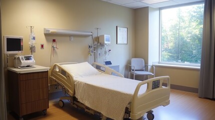 Fototapeta premium Clean and Modern Hospital Room with Medical Equipment and Comfortable Bed Ideal for Patient Treatment and Recovery in Healthcare Environment