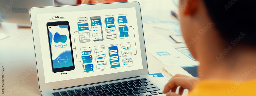 Aufkleber panorama banner of startup ux developer or company employee design user interface or ui prototype fo