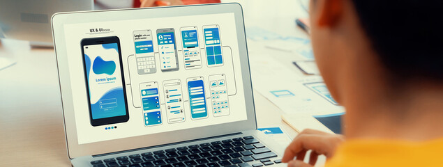 Panorama banner of startup UX developer or company employee design user interface or UI prototype...