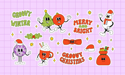 Set of holiday stickers with christmas retro characters and lettering quotes in groovy style. Vector outline illustration of new year various mascots in 70s style