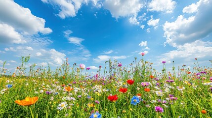 Obraz premium A vibrant field of blooming flowers under a bright blue sky, representing the renewal and freshness of spring