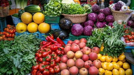 A vibrant display of assorted fresh foods including vegetables, fruits, and herbs at a local market.
