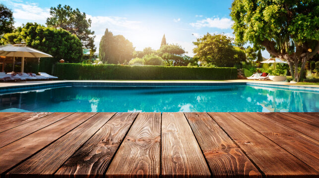 Leerer Holztisch mit einem Swimmingpool im Hintergrund