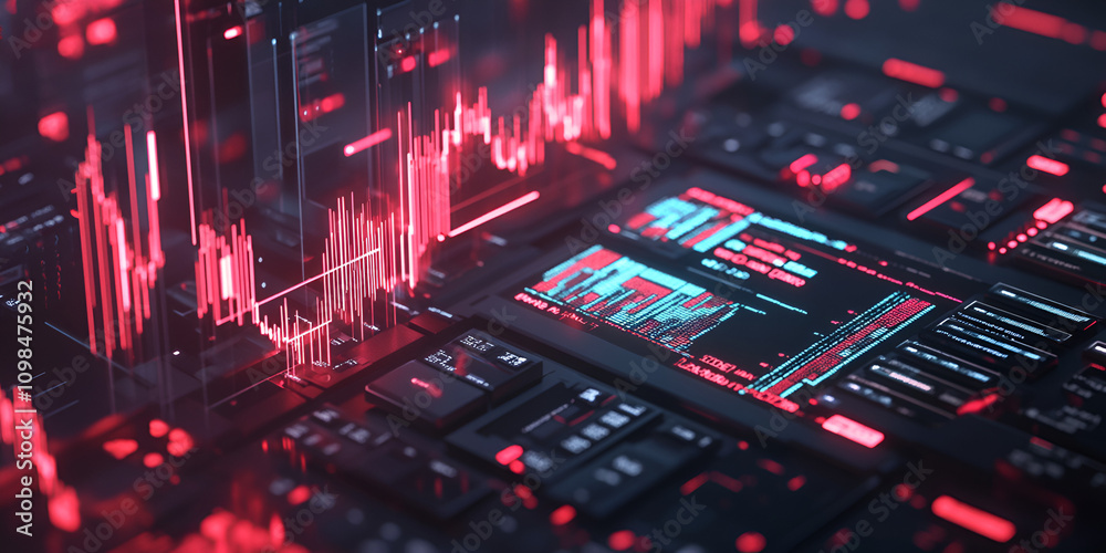 Poster cybernetic pulse: abstract digital art depicting a futuristic circuit board with dynamic data stream