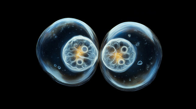 Cellular mitosis single transparent cell divides into two identical daughter cells with nuclei and cytoplasm dividing equally. concept biology, cell division, mitosis, cellular reproduction