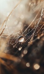A single dewdrop glistens on a spiderweb, illuminated by the warm morning light.
